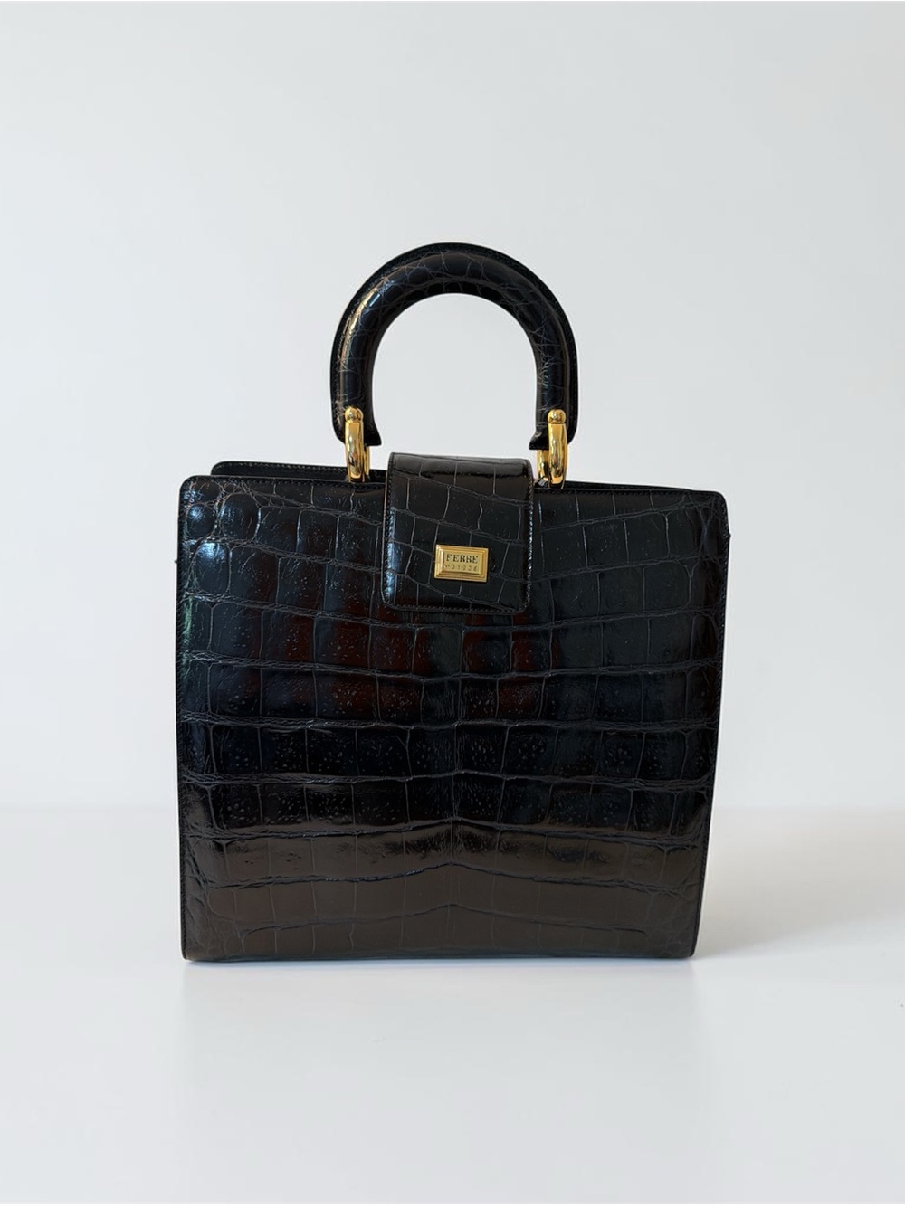 Black Croc-Embossed Top-Handle Womens Bag